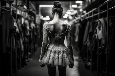A woman is pictured standing in a dress inside a closet, Warm-up routine of a ballet dancer backstage at a performance, AI Generatedの素材