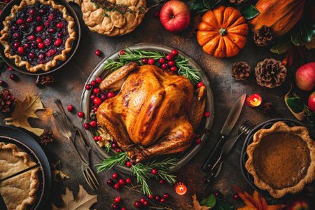 A turkey perched atop a wooden table surrounded by a variety of delicious pies, Festive table setting with turkey, pie, and cranberries for Thanksgiving, AI Generatedの素材