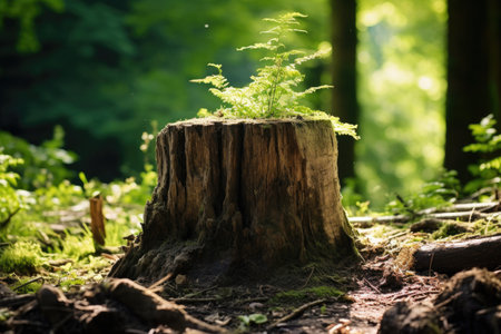 This photo captures the resilience of nature as a plant flourishes from a decaying tree stump, Young tree emerging from old tree stump, AI Generatedの素材