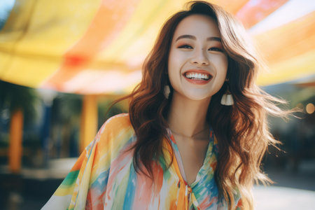 A photo capturing the joyous moment of a woman smiling brightly while wearing a vibrant and lively colored shirt, Young asian beautiful happy smiling woman in colorful clothes, AI Generatedの素材