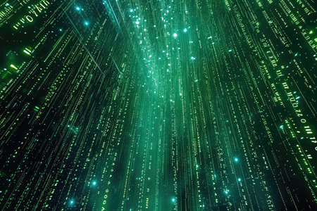 A photo featuring a vibrant green and black background with numerous intersecting lines, Digital code raining down in a matrix style, AI Generatedの素材