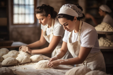 This photo captures a group of hardworking women in a bustling bakery, busy preparing a variety of mouthwatering baked goods, Women in bakery preparing dough, AI Generatedの素材