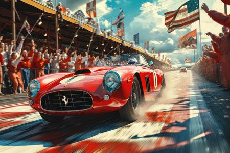 A red sports car speeds down a race track, showcasing its power and agility, Finish line scene with cheering crowds and the winning sports car, AI Generatedの素材