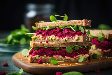 A mouthwatering sandwich sits on a cutting board, showcasing its fillings and tempting you to take a bite, Vegan sandwiches with beetroot hummus, AI Generatedの素材