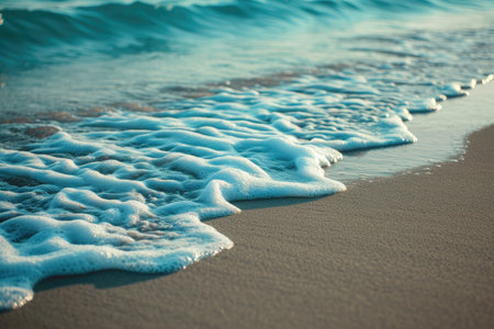 A detailed view of a wave crashing and creating foam as it breaks on a sandy beach, Calming picture of gentle waves lapping at the shore, AI Generatedの素材