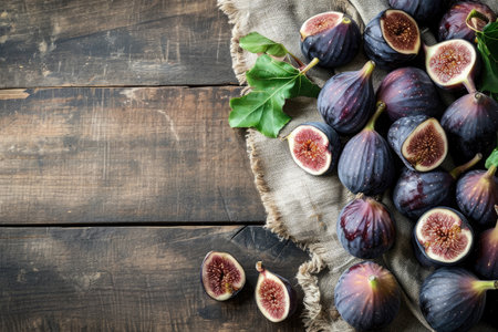 Bunch of Figs on Wooden Table - Fresh, Delicious, Natural Fruit for Healthy Eating, A beautiful collection of ripe figs scattered on a rustic wooden table, AI Generatedの素材