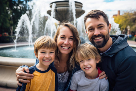A man, woman, and two children stand together in front of a beautiful fountain, posing for a photograph, Portrait of smiling family standing against fountain, AI Generatedの素材