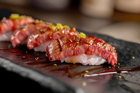 A black plate is elegantly presented with a variety of sushi rolls, expertly prepared, and drizzled with a delicious sauce, Elite A5 Wagyu beef sushi on a sleek black plate, AI Generatedの素材