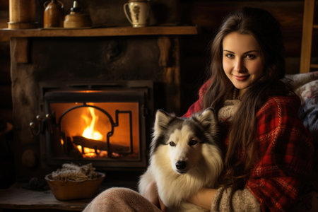 A woman and her dog enjoy a cozy evening together in front of a warm fireplace, Young woman sitting by the fireplace with a cute dog at cozy wooden cabin, AI Generatedの素材