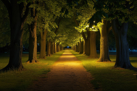 A stunningly lit-up pathway at night, flanked by majestic trees, creating a magical atmosphere, A night view of a tree passage beautifully illuminated in a park, AI Generatedの素材