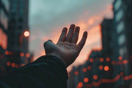A person standing on a sandy beach with their arm extended upwards, holding their hand up against the vibrant colors of the sunset, An outstretched hand reaching towards the sky, AI Generatedの素材