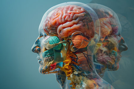 This photo depicts a close-up view of a human head, showcasing a multitude of intricately detailed and distinct parts, Different human body systems blended into one image, AI Generatedの素材