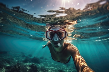 A person is swimming in the water while wearing a mask to protect their face, Underwater Ocean - Blue Abyss With Sunlight - Diving And Scuba Background, AI Generatedの素材
