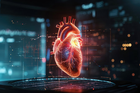 A computer screen displaying a heart icon, representing a symbol of love or affection, Digital twin hologram of human heart beating, AI Generatedの素材