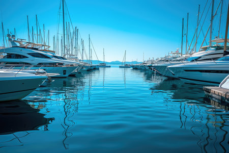 A view of numerous boats floating on the water, creating a picturesque scene under the clear sky, A modern marina filled with gleaming yachts in the summer, AI Generatedの素材