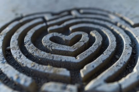 A captivating heart shaped maze designed on a sidewalk, presenting an intriguing challenge for puzzle enthusiasts, A maze formed in the shape of a heart, AI Generatedの素材