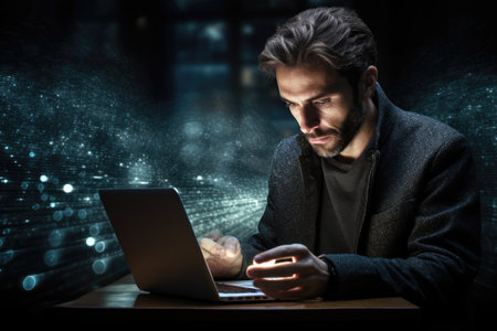 A man sitting at a desk, focused on his laptop computer, engaged in productive work or study, Man using mobile phone and laptop computer with digital technology, AI Generatedの素材