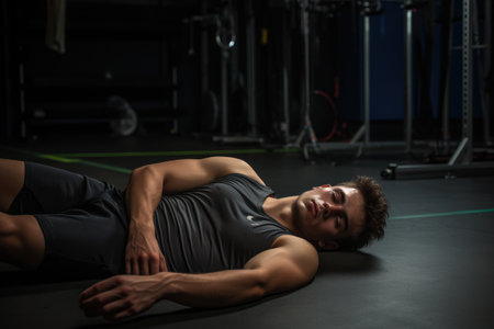 A man lies on the ground in a gym, seeking assistance after a workout, Young sportsman relaxing on the floor after training in the gym, AI Generatedの素材