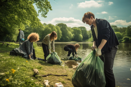 A group of individuals joins forces to collect litter in the vicinity of a serene lake, Young adults with recyclable bags, cleaning a local park, AI Generatedの素材