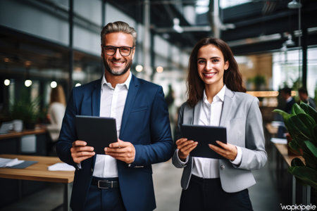 A man and a woman stand side by side while holding tablet computers, Two happy professional business people team woman and man workers working using digital tablet, AI Generatedの素材