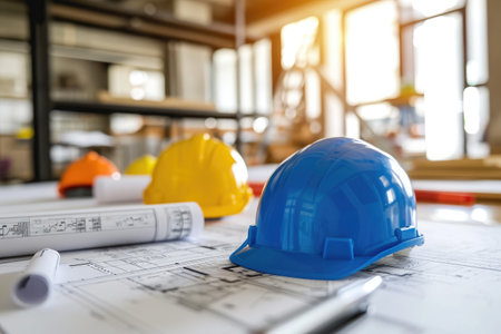 A blue hard hat is placed neatly on top of a blueprint, showcasing the combination of construction safety and planning, Construction company office with blueprints and safety helmets, AI Generatedの素材