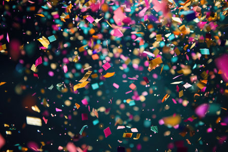 A variety of vibrant confetti pieces spread across a solid black background, Confetti frozen in time as they fall, AI Generatedの素材