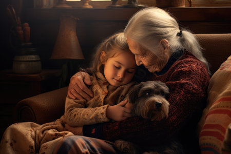 A woman and a little girl sitting on a couch with a dog, Little girl with her grandmother hugging on sofa at home, AI Generatedの素材