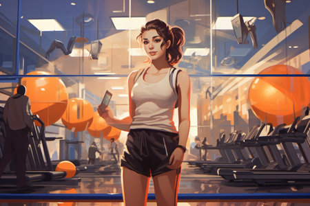 A woman stands in a well-equipped gym while holding a cell phone, Woman in gym, AI Generatedの素材