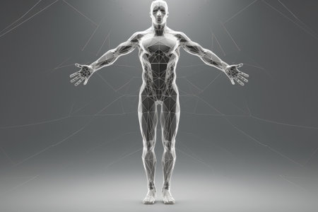 A man stands with his hands extended straight in front of him, palms facing outward, Human body low poly wireframe, AI Generatedの素材