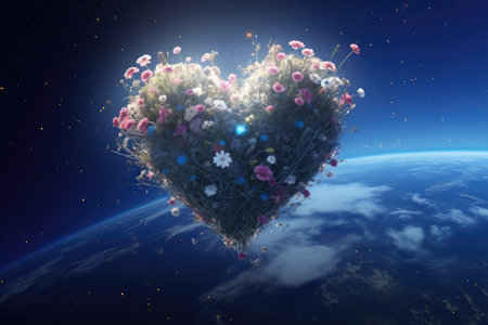 A beautiful heart-shaped arrangement of flowers floating gracefully in mid-air, ValentineÃ¢â¬â¢s Day in space with Earth in the heart shape, AI Generatedの素材