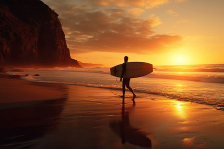 A man stands on a beach holding a surfboard, Surf Sunset, AI Generatedの素材
