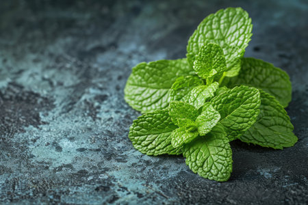 A photo showcasing vibrant and aromatic fresh mint leaves on a dark background, highlighting their natural beauty, A crushed mint leaf with visible texture and aroma, AI Generatedの素材