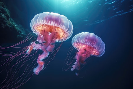 Witness the mesmerizing sight of a couple of jellyfish gracefully gliding through the vast expanse of the ocean, Two jellyfish swimming in the water, 3D rendering, AI Generatedの素材