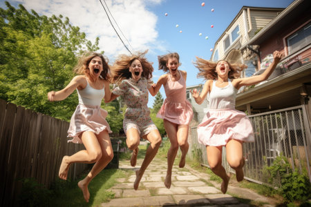 A vibrant group of young women jump in the air, exuding joy and camaraderie, Friends jumping in the air with joy at a graduation party, AI Generatedの素材