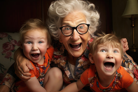 An older woman and two young children are captured in a moment of surprise, their mouths open in astonishment, Happy Senior Grandmother Talking and Having Fun with Her Grandchildren, AI Generatedの素材