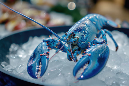 This close-up photo captures the details of a blue lobster resting on a bed of ice, Close-up of rare blue lobster on ice platter, AI Generatedの素材