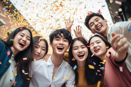 Group of Young People Standing Together for a Photo, Smiling and Happy, Group of Happy young Asian man and woman friends college student enjoy and fun celebration holiday, AI Generatedの素材
