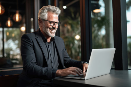 A man is seen sitting at a table and working on his laptop computer, happy mature business man looking at laptop computer, AI Generatedの素材