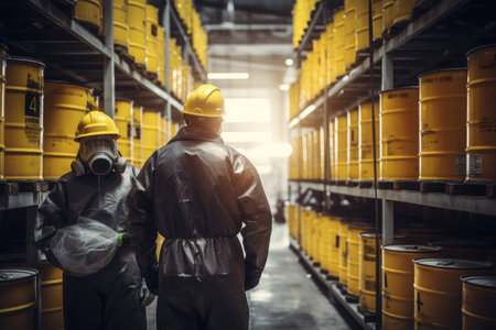 Two Workers in a Warehouse With Yellow Barrels, Two factory workers or inventory inspector conduct professional inspection on hazardous chemical barrels in warehouse, AI Generatedの素材
