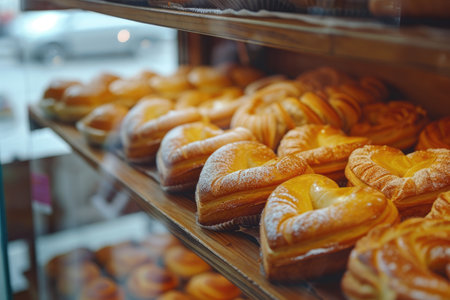 A display case showcasing a wide array of delectable pastries and baked goods, inviting you to indulge in a delightful treat, A bakery window filled with heart-shaped pastries, AI Generatedの素材