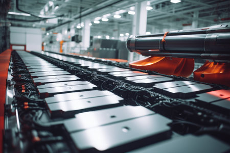 An image showing several rows of metal plates in a factory setting, Stunning image of electric vehicle battery packs assembly line, AI Generatedの素材
