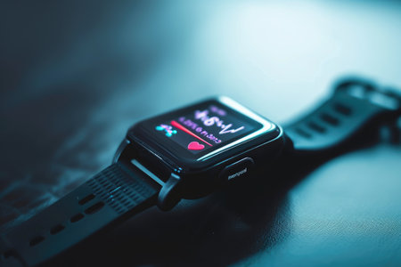 Smart Watch on Table, Modern Device for Convenient Timekeeping and Health Tracking, A close-up of a fitness tracker showing steps and heart rate, AI Generatedの素材