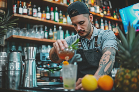 A skilled bartender expertly crafts a drink at a busy bar, using precision and flair, A hipster bartender mixing cocktails at a retro bar, AI Generatedの素材