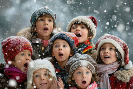 A diverse group of young children of various ages and ethnicities stand next to each other in a park, smiling and posing for a photo, Children singing Christmas carols in the snow, AI Generatedの素材