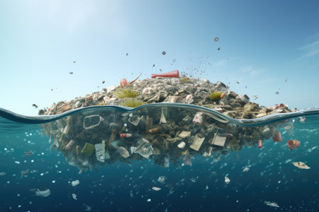 A shocking image capturing a large island made entirely of garbage discovered floating in the depths of the ocean, Plastic pollution in the sea, Concept of global warming, 3D rendering, AI Generatedの素材