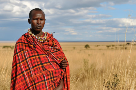 A woman stands confidently in a picturesque field of tall grass, surrounded by natures beauty, A Maasai warrior in traditional attire amidst African plains, AI Generatedの素材