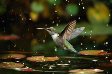 A vibrant hummingbird gracefully glides above the water, with lily pads creating a serene backdrop, A hummingbird delicately flying over a pond, peering down at the fish below, AI Generatedの素材