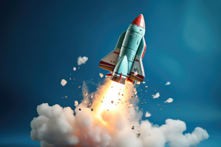 A blue and red rocket soars through the sky, leaving a trail of exhaust fumes in its wake, Toy rocket takes spewing smoke on a blue background, AI Generatedの素材