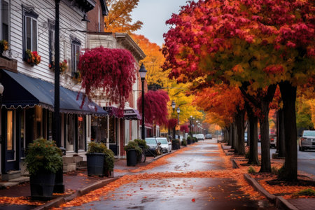 A city street adorned with fallen autumn leaves, creating a picturesque scene, Colorful autumn foliage in a quaint New England town, AI Generatedの素材
