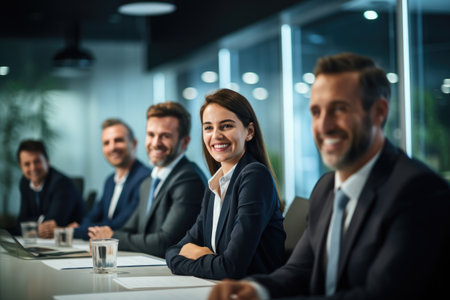A diverse group of professionals engaged in a meeting and discussing business matters at a table, Smiling business people in conference room meeting, AI Generatedの素材